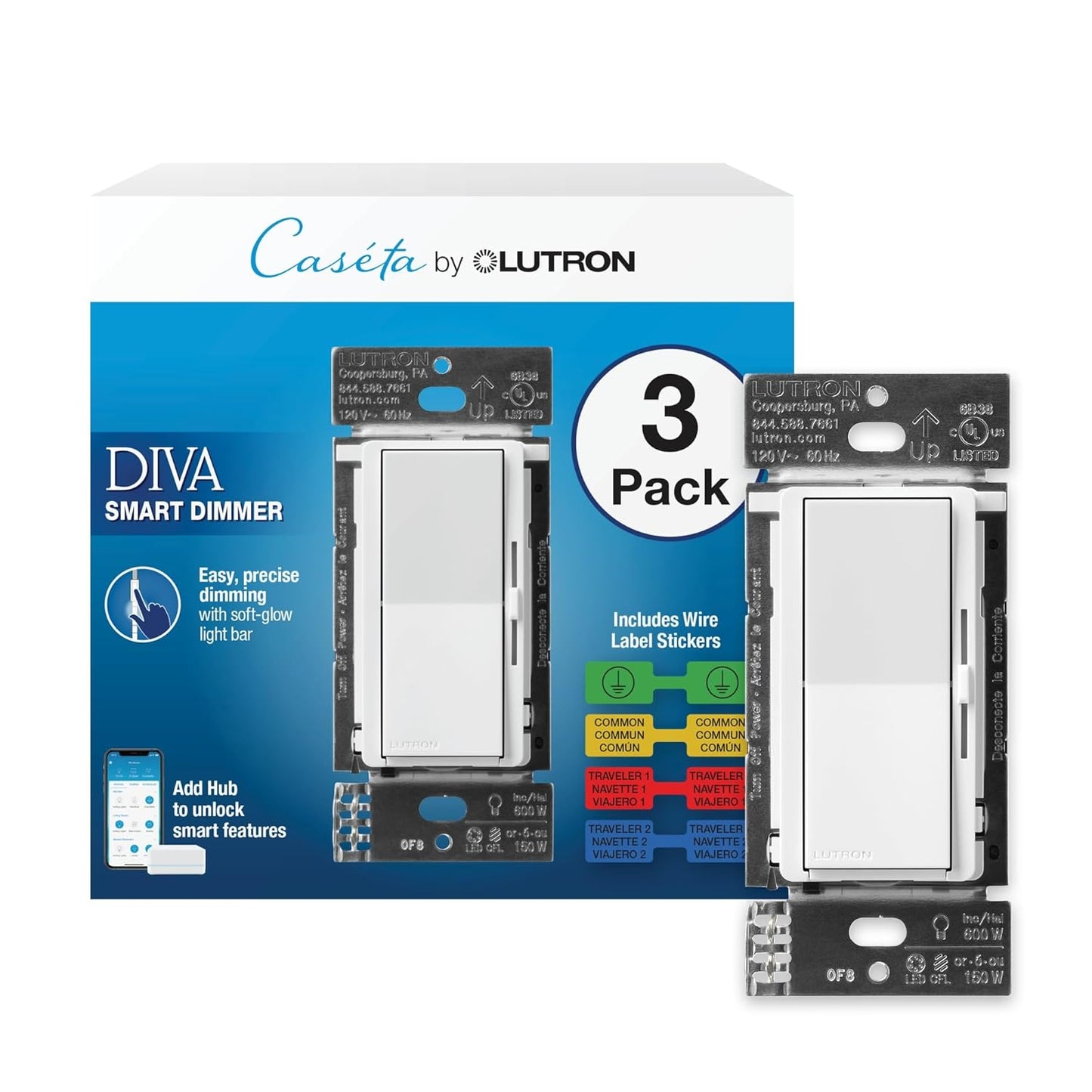 Lutron Diva Smart Dimmer Light Switch for Caseta Lighting (Lutron Smart Hub Required), for LED Lights, 150W, Single-Pole/3-Way, No Neutral, White, 3 Pack (DVRF-6LS-WH-3)