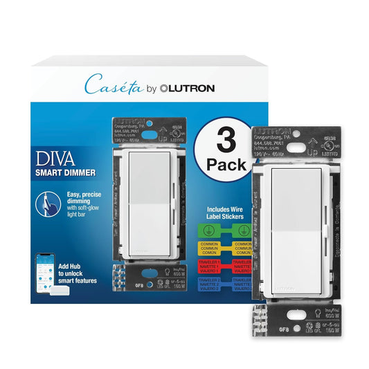 Lutron Diva Smart Dimmer Light Switch for Caseta Lighting (Lutron Smart Hub Required), for LED Lights, 150W, Single-Pole/3-Way, No Neutral, White, 3 Pack (DVRF-6LS-WH-3)