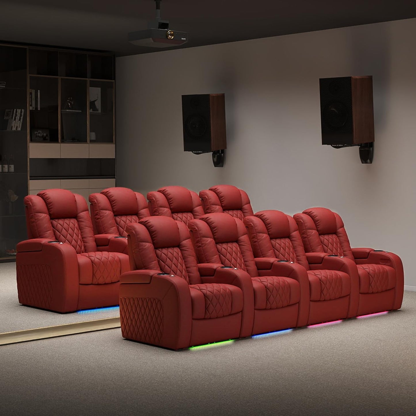 Weilianda Home Theater Seating Top Grain Leather Zero Gravity Recliner Chair Power Headrest Recline Movie Seat Gaming 7 Colors Mood Light Sofa with Tray Table USB Charge Row of 2 Loveseat Red