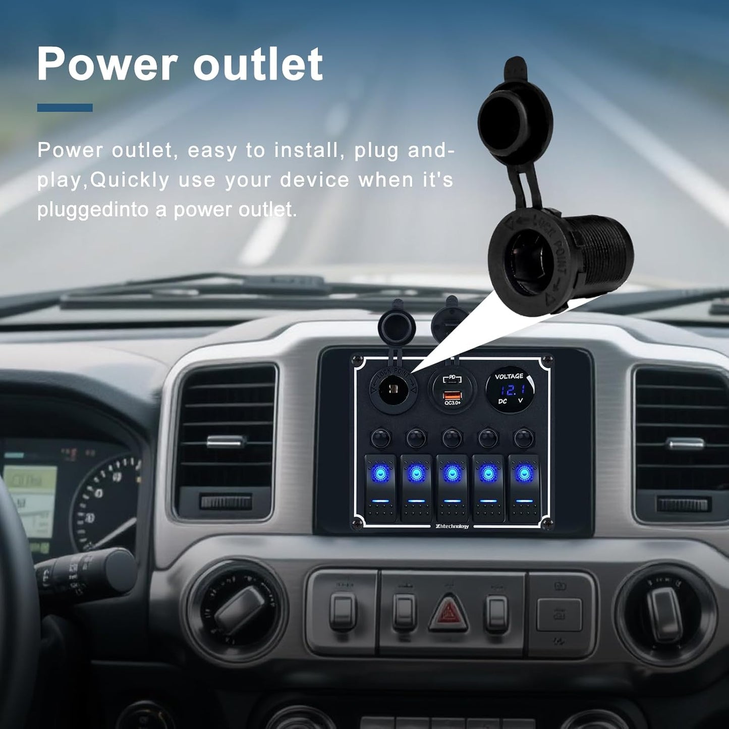 5 Gang Marine Boat Switch Panel with Dual USB Charger & Voltmeter, Waterproof Aluminum Rocker Switch Panel for Marine Automotive Truck RV Trailer with Lighter Socket Press Protector, 12/24V Black