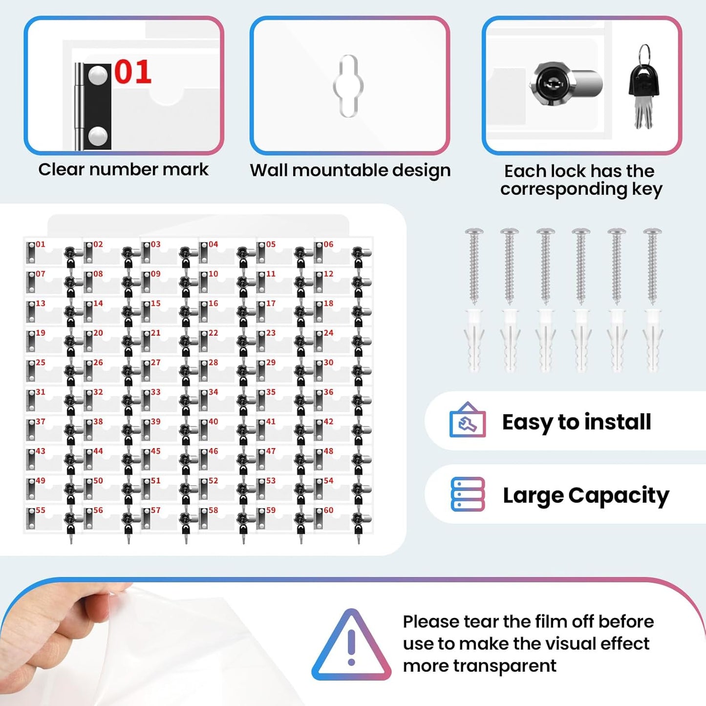 60 Slots Cell Phone Locker Box for Classroom with Door Locks and Keys Clear Acrylic Cell Phone Lock Storage Cabinet Wall Mounted for School Factory Office