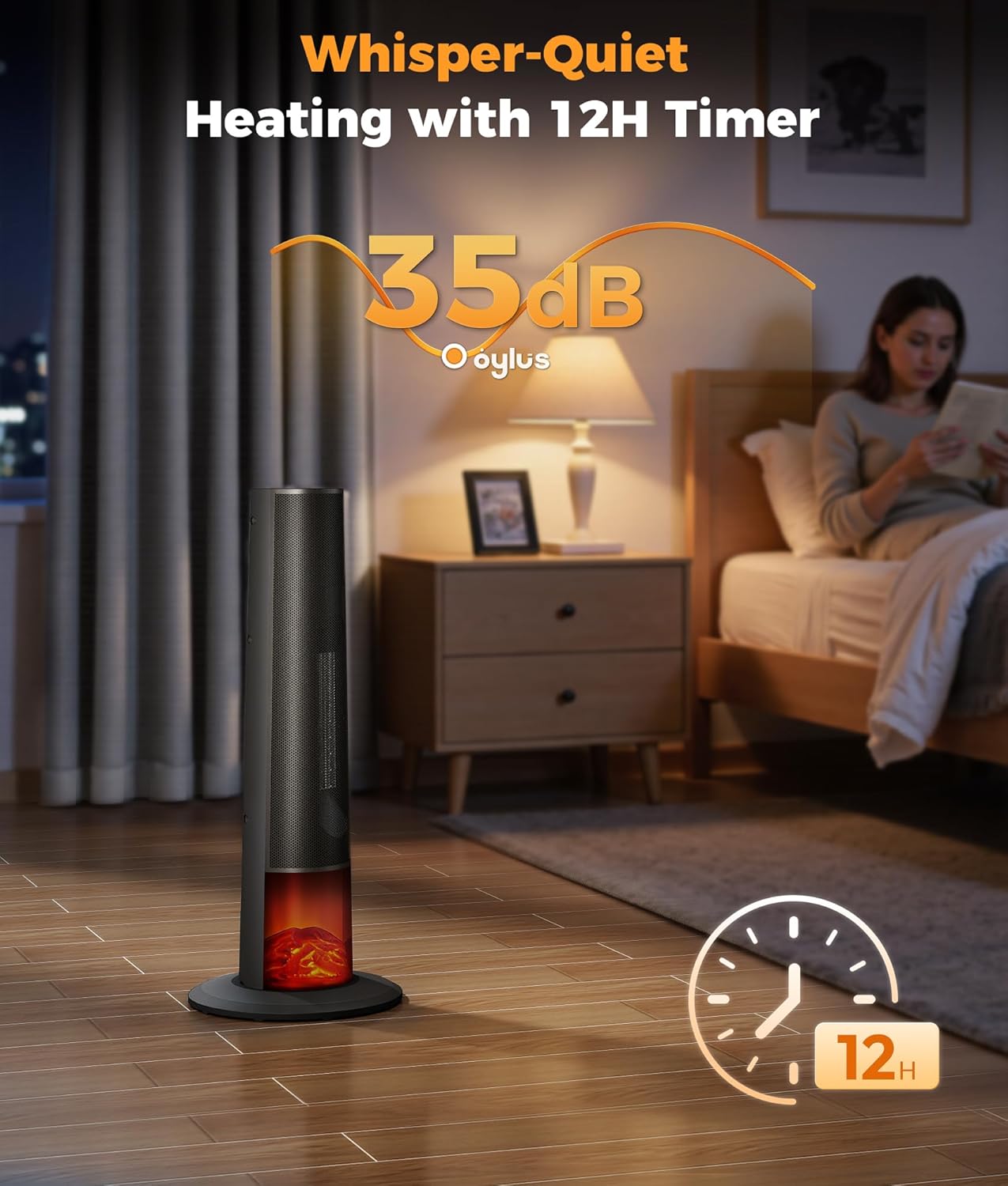 Tower Heater for Indoor Use - 25" Portable Space Heater with 3D Flame, Remote, Adjustable Thermostat, 2 Heat Modes, Multiple Safety Protection, 12H Timer, Quiet Electric Heater for Large Room