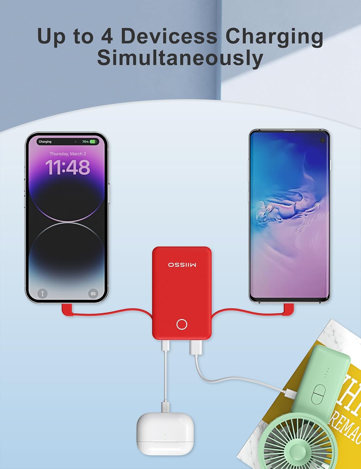 miisso 6000mah Ultra Slim Built in Cables Power Bank, Card Size Built in USB C Cords Battery Pack Portable Charger for Phones, 3 Output External Battery Pack Compatible with iPhone, Red