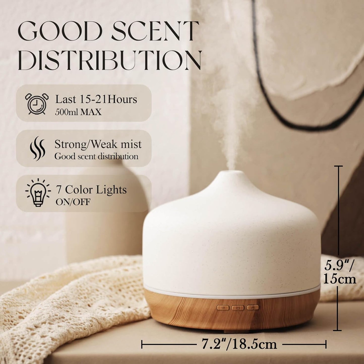 Porseme 500ml Ceramic Essential Oil Diffuser Aromatherapy Ultrasonic Cool Mist Humidifier 15-21 Running Hours Air Diffusers for Sleeping Yoga Office Working Spa and Rest (White Ceramic)