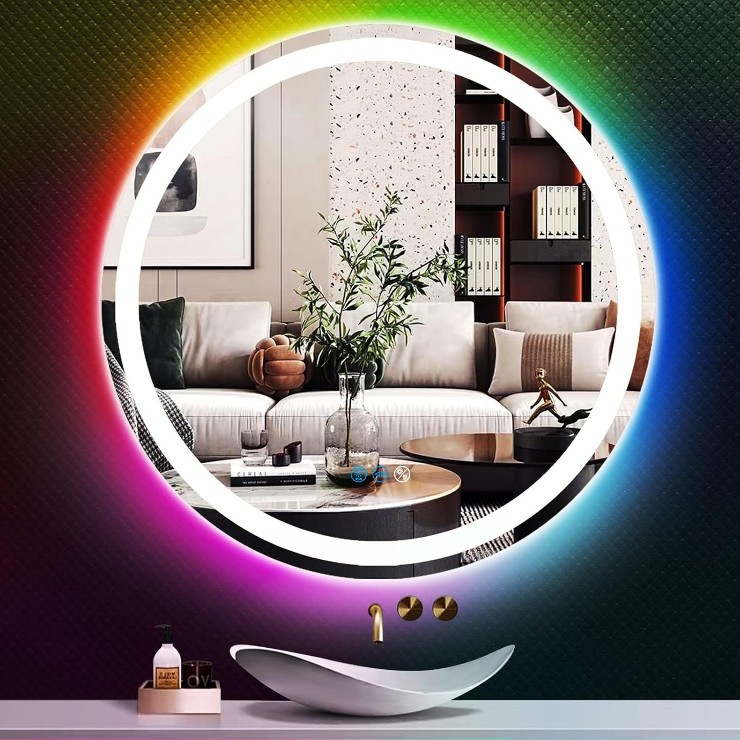 THEKLA 24 Inch Round Led Bathroom Mirror with Lights 3Color Front Light + RGB Rainbow Color Changing Backlit Round Lighted Vanity Mirror for Bathroom Wall Dimmable AntiFog Smart Light up Circle Mirror