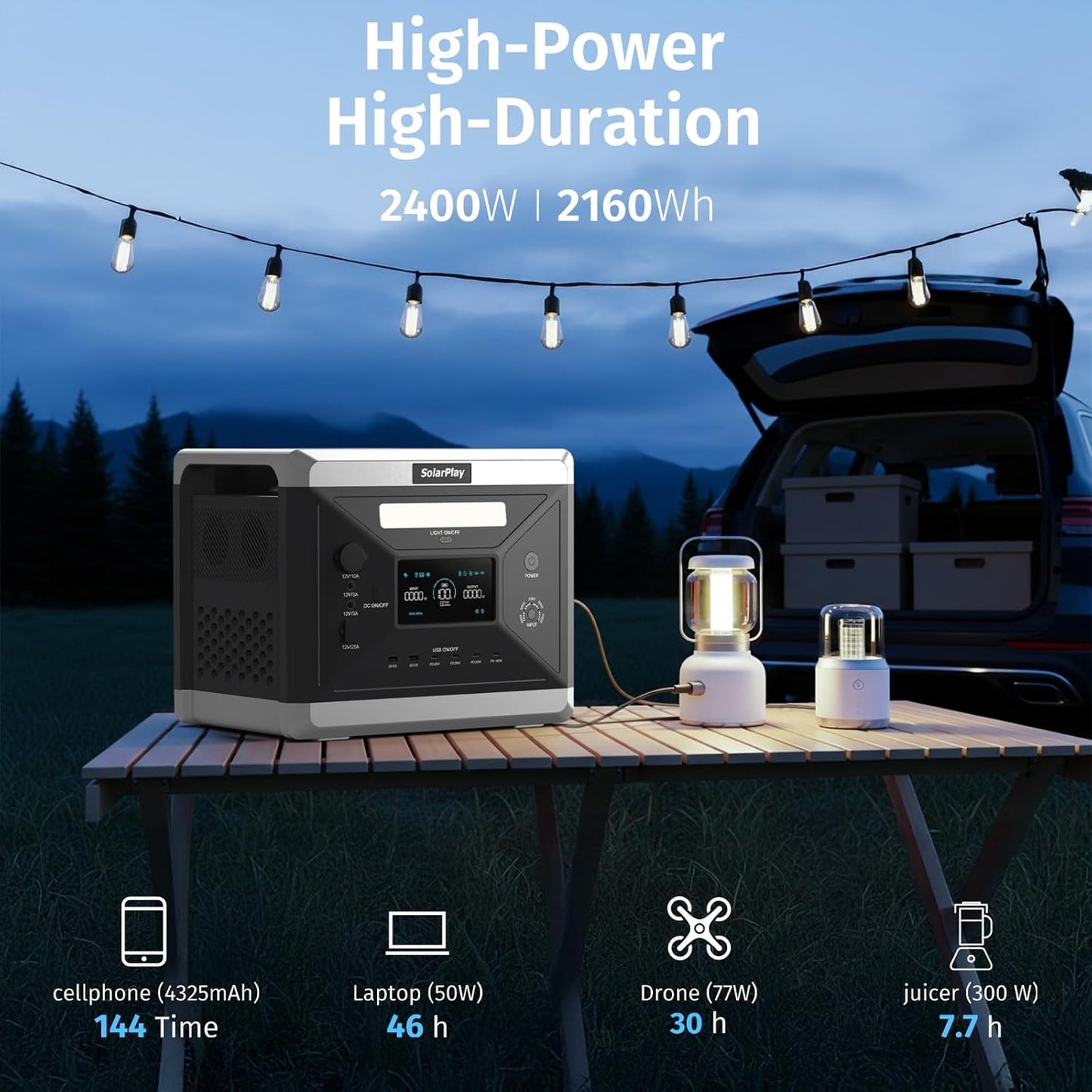 SolarPlay Portable Power Station, 2400W/2160Wh Solar Generator with 4 AC Outlets (4800W Peak), Optional Solar Panel, Emergency Home Backup, Camping, Outdoor Battery Backup