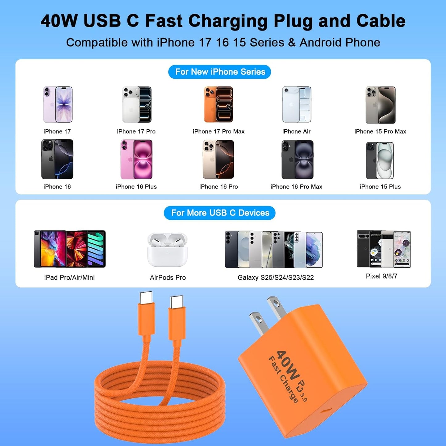 iPhone 17 Pro Max Charger Fast Charging, 40W USB C iPhone 17 Fast Charger Block with 10 FT Long Type C to C Charging Cable Cord for iPhone 17/17 Pro Max/17 Pro/Air/16/16 Pro Max/15/15 Pro Max, Orange