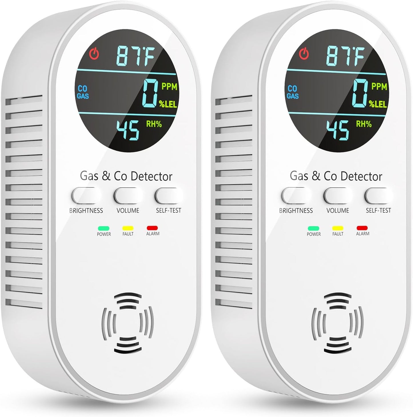 5-in-1 Carbon Monoxide Detectors, Natural Gas Leak Detector, Plug-in & Battery Backup Co Detector, HD Digital Display, CO Gas Temp Humidity Sensor, 2-Pcs, White