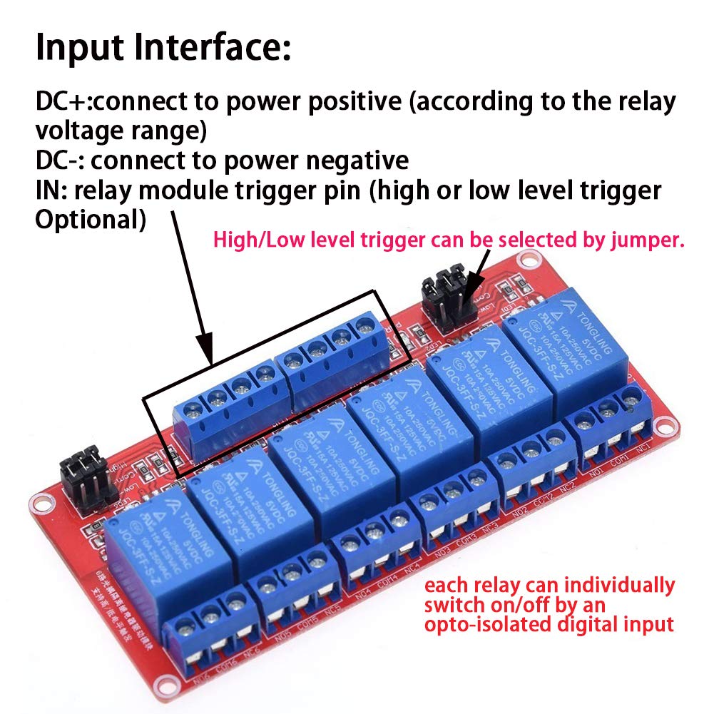 Relay Module with Optocoupler High/Low Level Trigger for Arduino (5, 5V Relay 6 Channel)