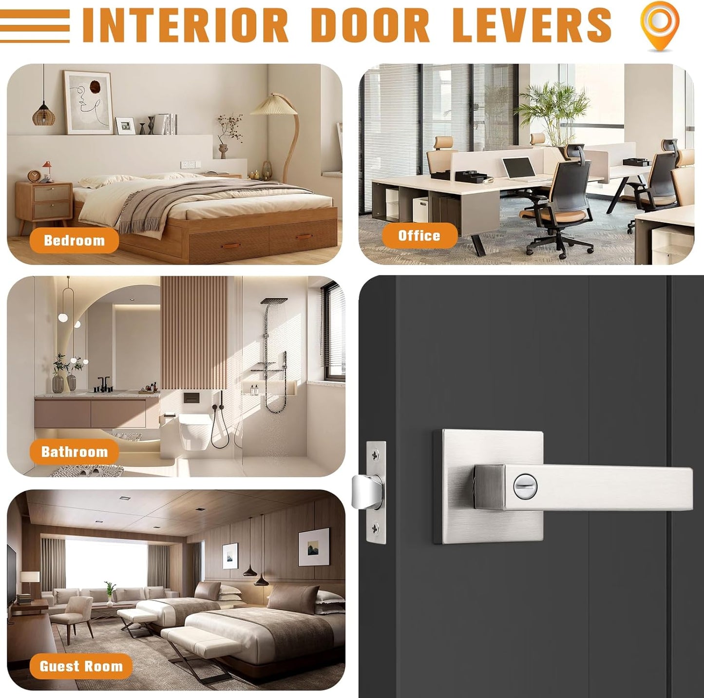 Probrico Interior Brushed Nickel Door Handle, Heavy Duty, Flat Square Privacy Door Handles, Keyless Door Levers Lockset for Bedroom and Bathroom, 8 Pack