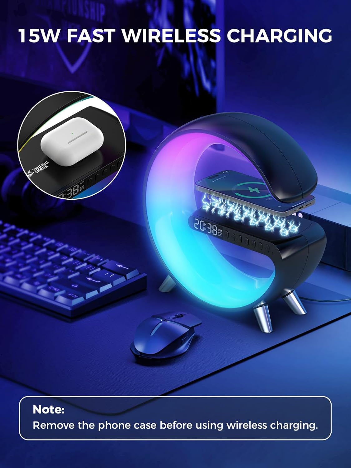 Smiling Shark Wake Up Light, Wireless Charger Atmosphere Desk Light with Bluetooth Speaker White Noise App Control Dimmable Sunrise & Sunset Simulation Dual Alarm Clock Smart Light for Home Decor