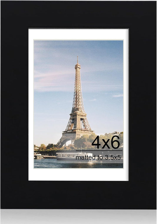 iRahmen 4x6 Picture Frame with HD Tempered Glass, Display Pictures 3.5x5 with Mat or 4 x 6 Without Mat, Wood Photo Frames for Tabletop and Wall Mount (Black, 1 Pack)