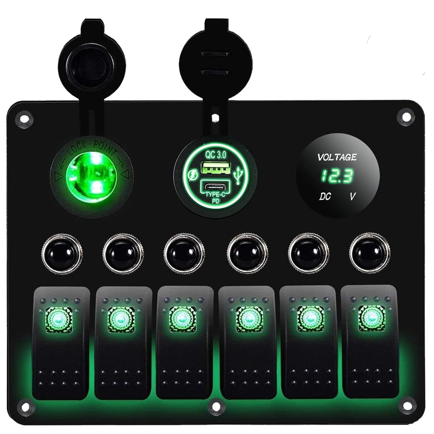 MKING 6 Gang Marine Switch Panel - Waterproof Rocker Switches with USB & Type-C Charger, Circuit Breaker, Digital Voltmeter, and Power Socket, Compatible with 12V-24V Vehicles