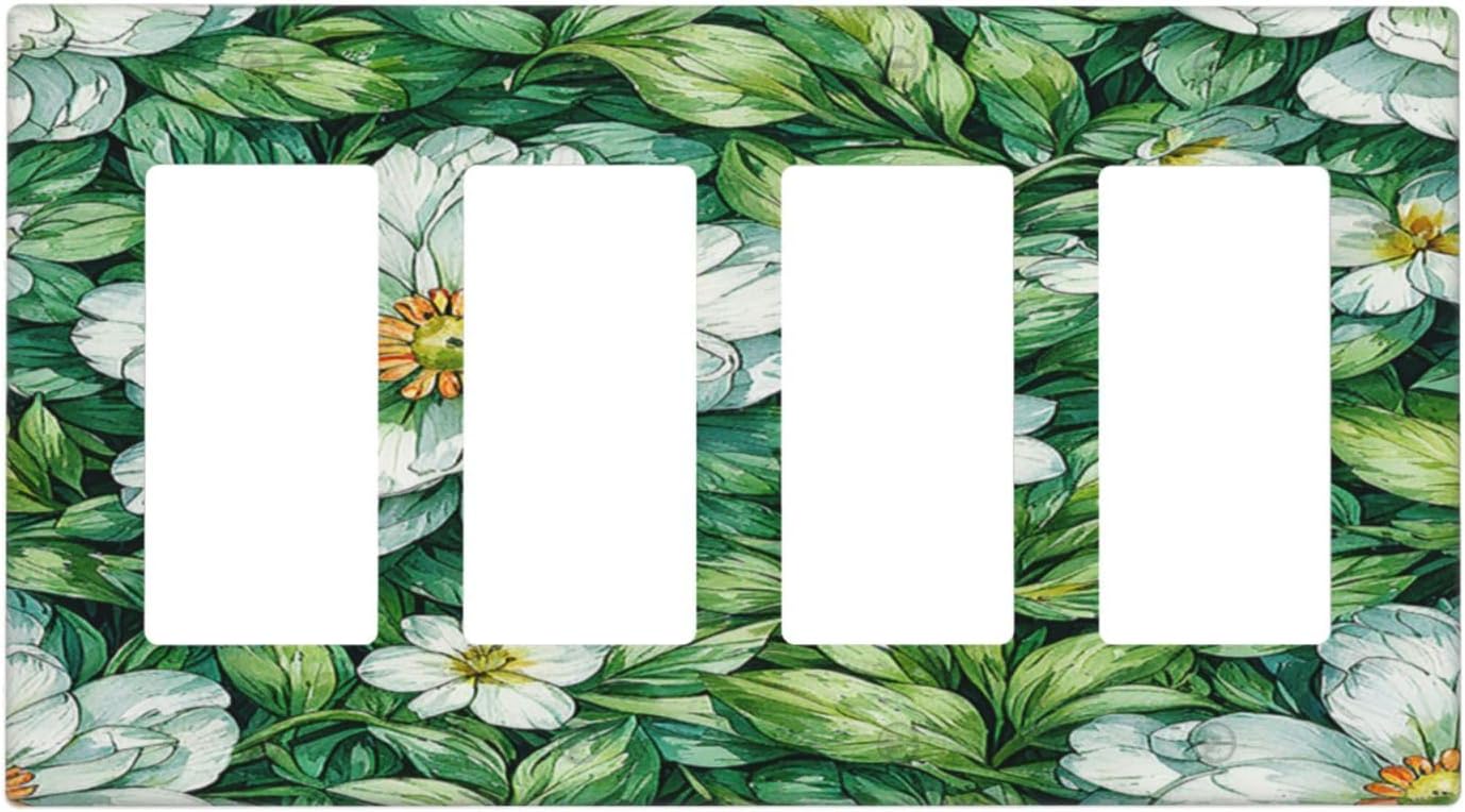 Vintage Floral White Flowers Green Plants Leaves Wallplates 4 Gang Quad Rocker Decorative Light Switch Covers Electrical GFCI Faceplate Switch Plate for Bedroom Bathroom Decor