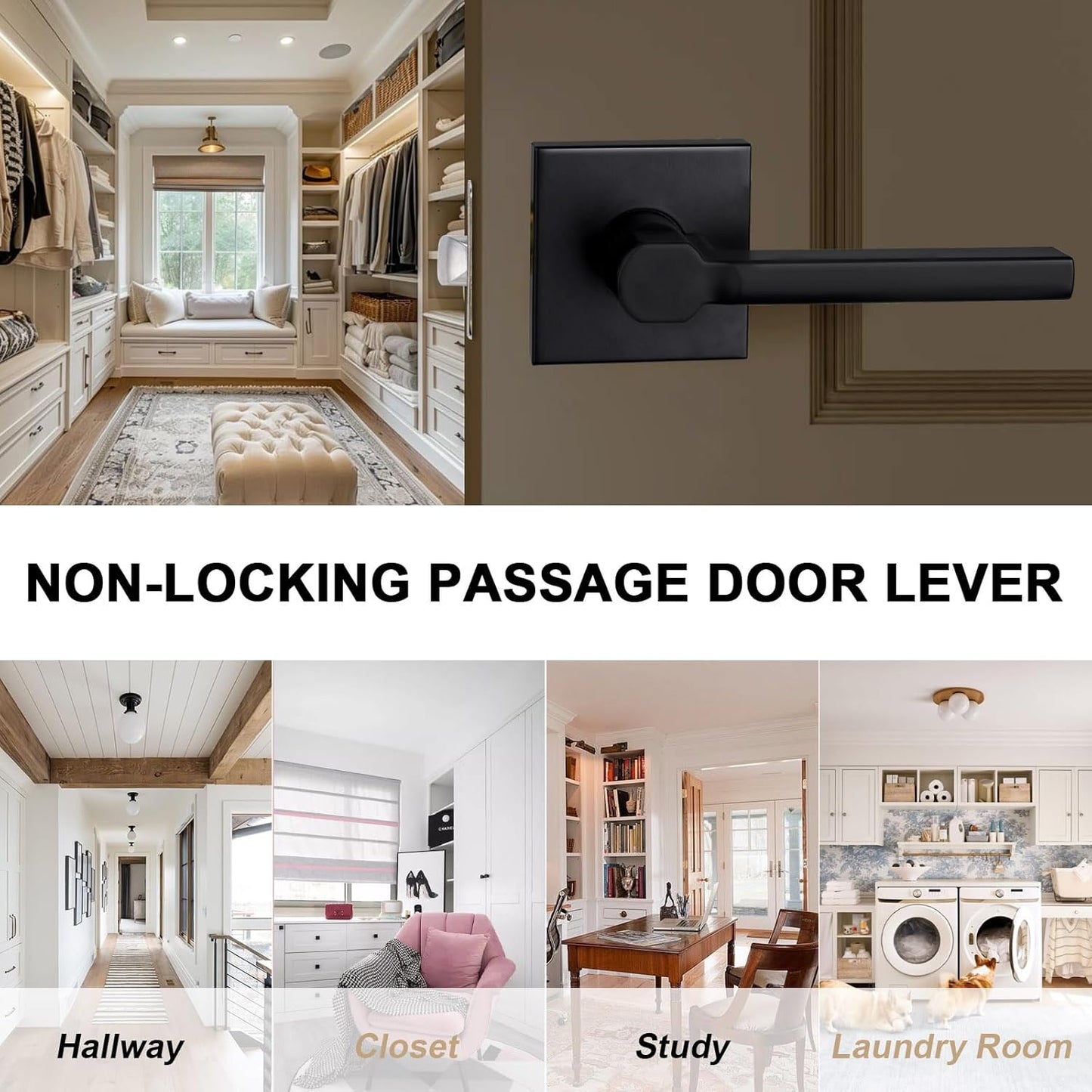 Passage Door Lever (No Lock), Heavy Duty Interior Square Handle for Hallway and Closet, Matte Black, Reversible for Right&Left Handed, 7Packs