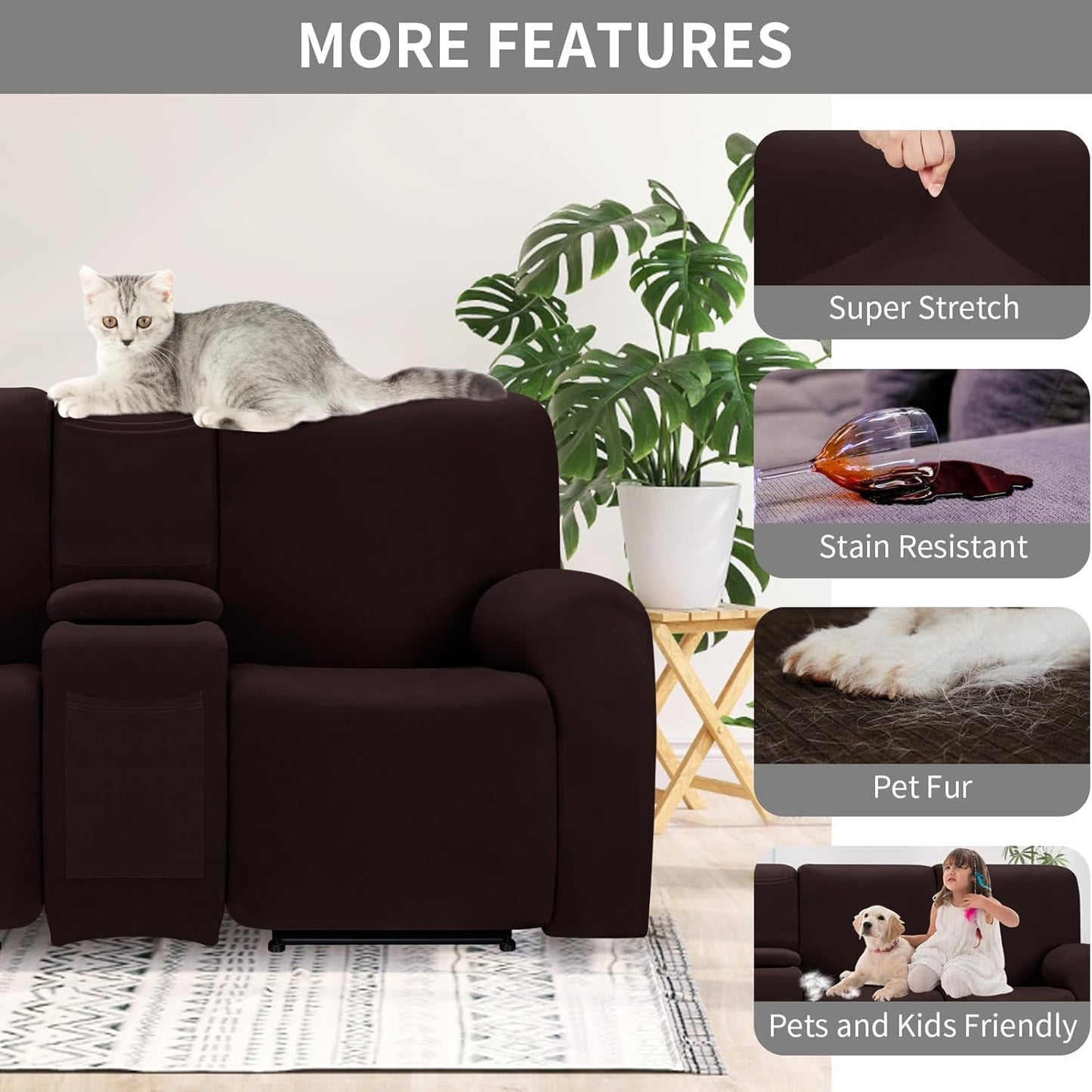 Easy-Going 100% Waterproof Recliner Cover, Stretch Couch Covers for Reclining Couches, Extra Large Sectional Sofa Slipcover, L-Shape Furniture Protector for Kids & Pets, 5 Seater, Chocolate