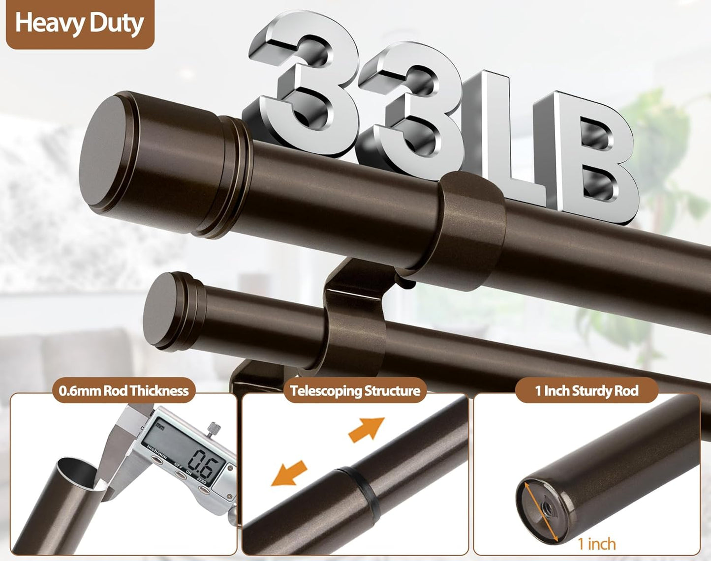 Double Curtain Rod 140 to 195 Inch, HOTOZON 1 Inch Heavy Duty Double Curtain Rods for Windows 128 to 191 Inches(10.6-15.9 ft), Telescoping Drapery Rod with Simple End Finials, Bronze