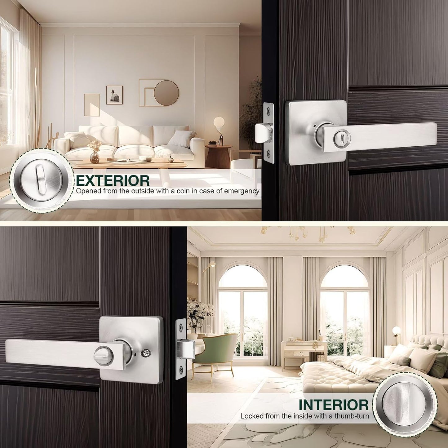 GOBEKOR 3 Pack Privacy Door Levers with Lock - Square Brushed Nickel Lever Door Handles for Bedroom and Bathroom