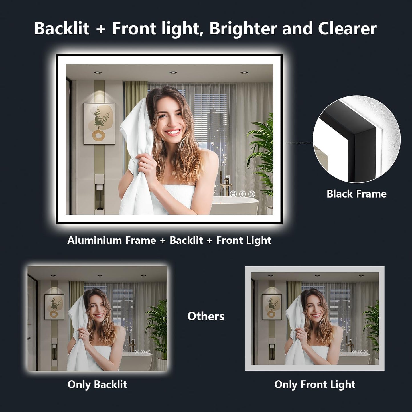 44x36 Inch LED Bathroom Mirror with Lights (Front Lit and Backlit) Black Framed Lighted Vanity Mirror for Bathroom Wall Dimmable Anti-Fog Memory Tempered Glass Horizontal/Vertical