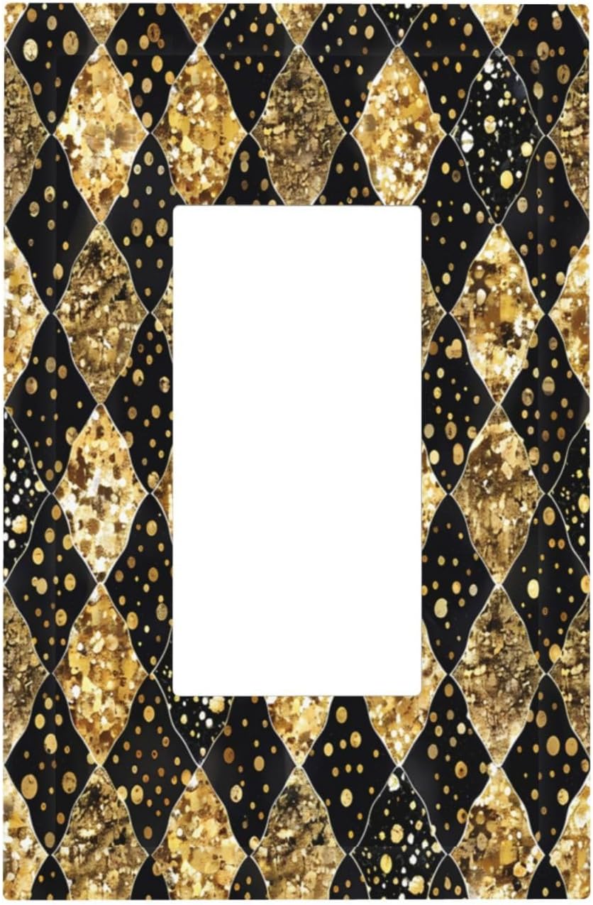 Gold Black Marble Geometric Plaid Glitter Decorative Outlet Covers 1 Gang Single Rocker Light Switch Cover Plate Wall Plates GFCI Faceplate for Bedroom Bathroom Decor