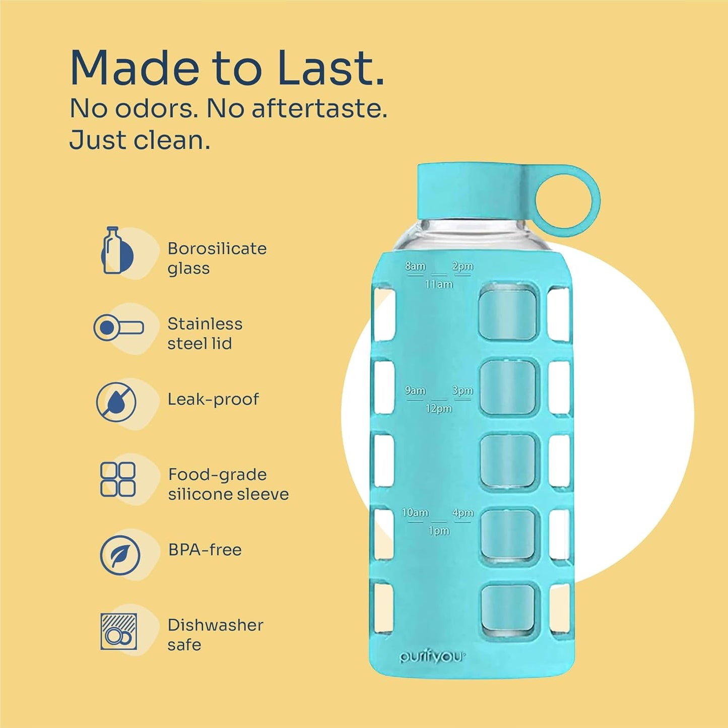 purifyou 40oz / 32oz / 22oz / 12oz Borosilicate Glass Water Bottle with Time & Volume Markers, Silicone Sleeve, Stainless Steel Lid | Reusable Glass Bottle for Water & Juice (22oz Aqua Blue)