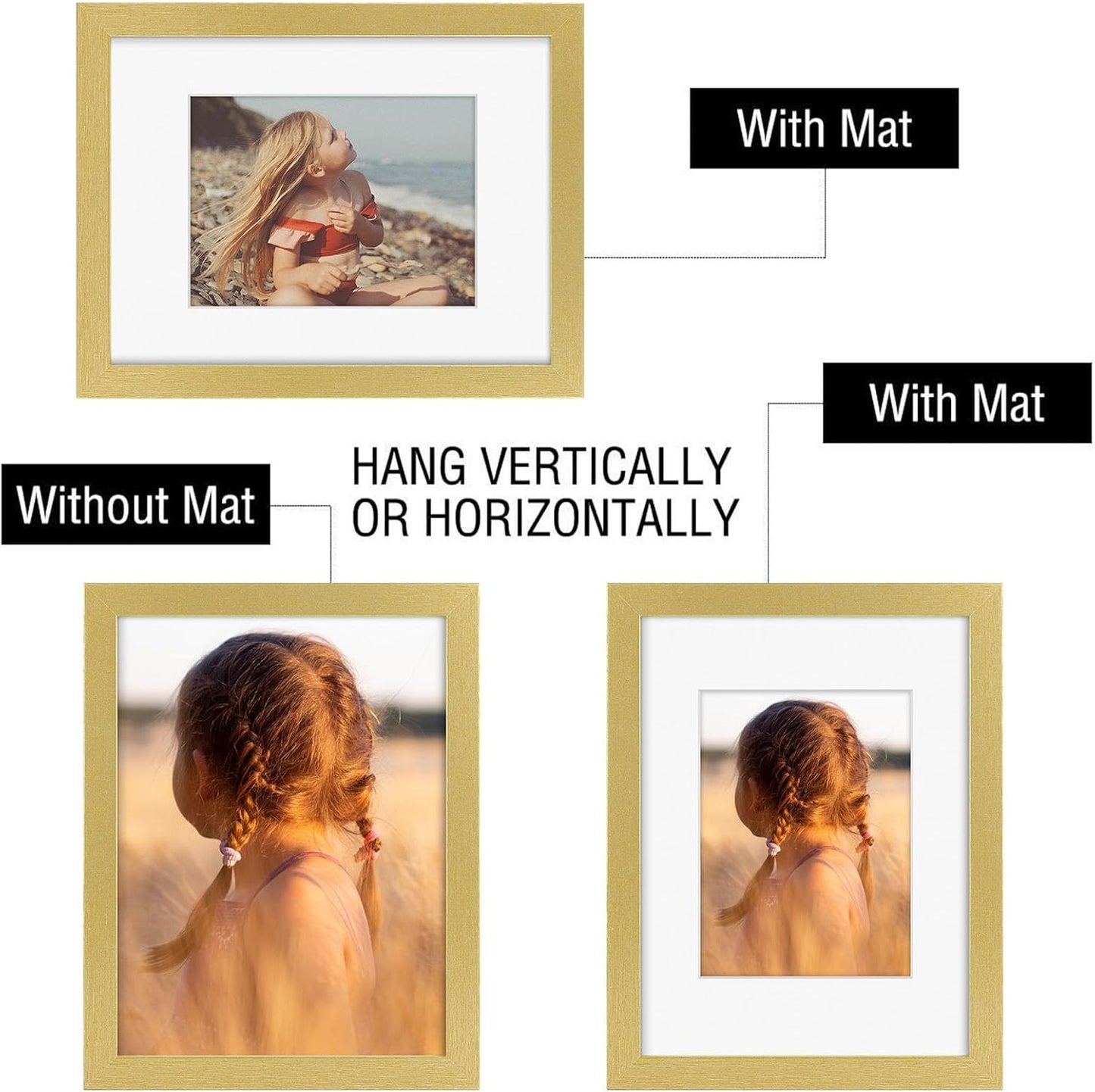 Golden State Art, 9x12 Picture Frame with Mat for 6x8 - High Definition Glass Wall Mounting Horizontal Vertical Display (Gold, 2 Pack)