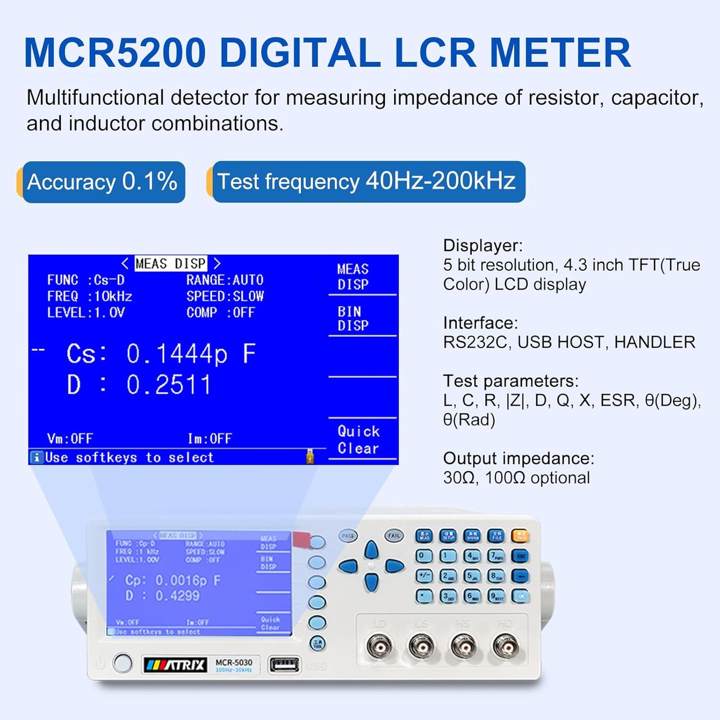 MATRIX MCR5200 Benchtop LCR Meter, 40Hz-200kHz 0.1%, Digital LCR Bridge Measures Inductance/Capacitance/Resistance, USB/RS232C, Calib-Clear, Data Save