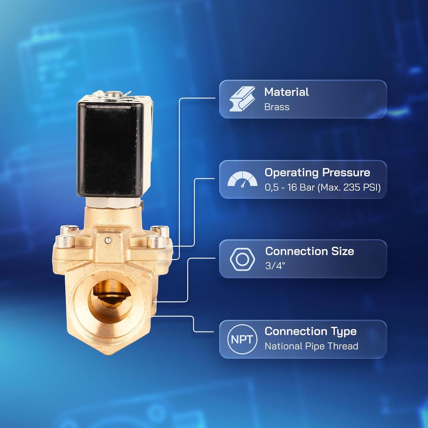 UNOX 3/4" NPT Solenoid Valve 110V AC, Brass Control Valve Normally Closed - 7-232 PSI Multi-Purpose Reliable Control Valve for Water and Air - Solenoid Valves