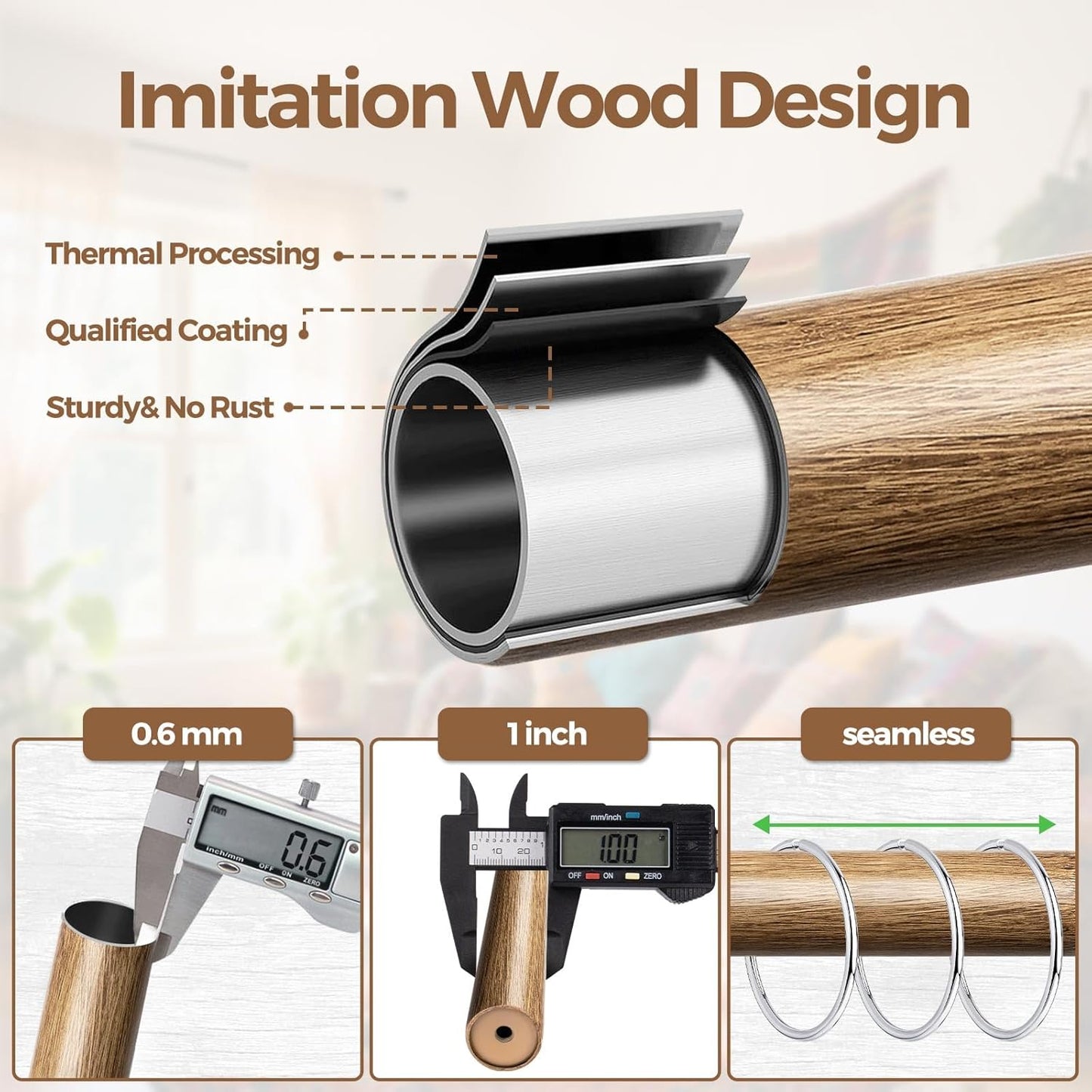 KAMANINA Wood Curtain Rods for Windows 72 to 144 Inch(6-12ft), 1 Inch Adjustable Drapery Rod, Decorative Heavy Duty Curtain Rods with Leaf Pattern Finials, Wood Grain