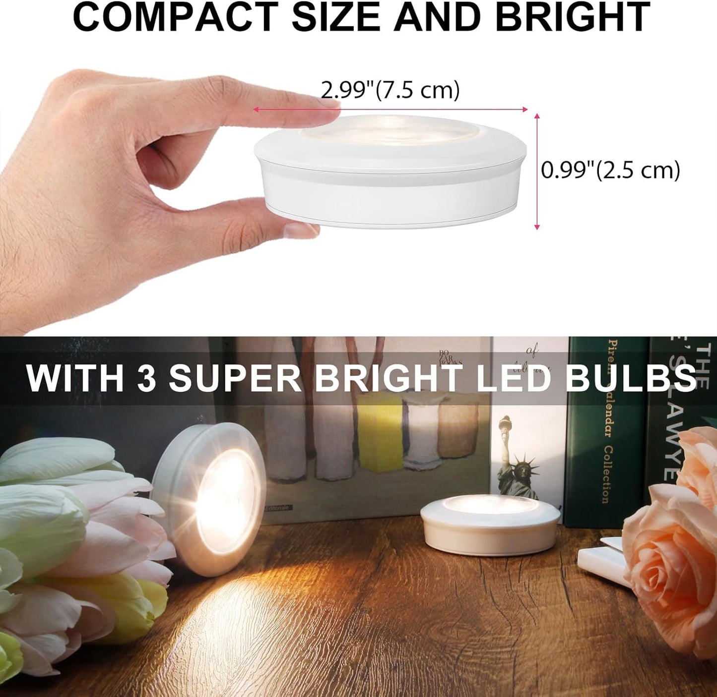 LUXSWAY LED Puck Light, Ultra-Thin Touch Light, Battery Operated, Tap Lights, 60 Lumens, Stick on Lights, Under Cabinet Lighting, Ideal for Kitchen Cabinets, Closets, Garage and More, 3-Pack, White