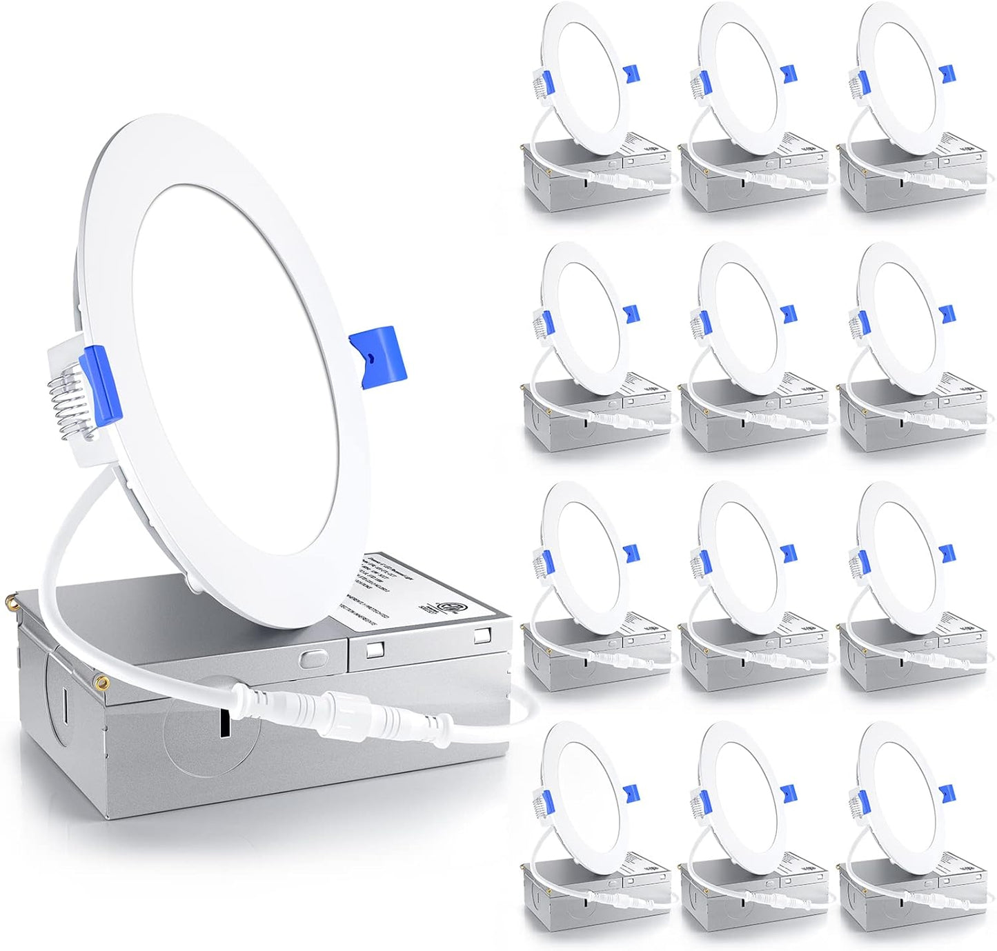 Ensenior 12 Pack 4 Inch LED Recessed Ceiling Light, Dimmable, 4000K Cool White, 750LM 9W 120V, High Brightness Canless Wafer Downlight - ETL&FCC&IC
