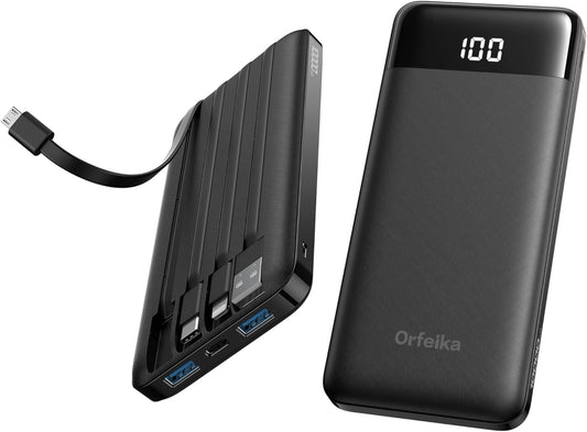 Portable Phone Charger, 10000mAh Portable Charger Power Bank with Built-in Cables, Travel Essential Battery Pack Compatible with iPhone, Samsung, Google, iPads, Tablets, etc