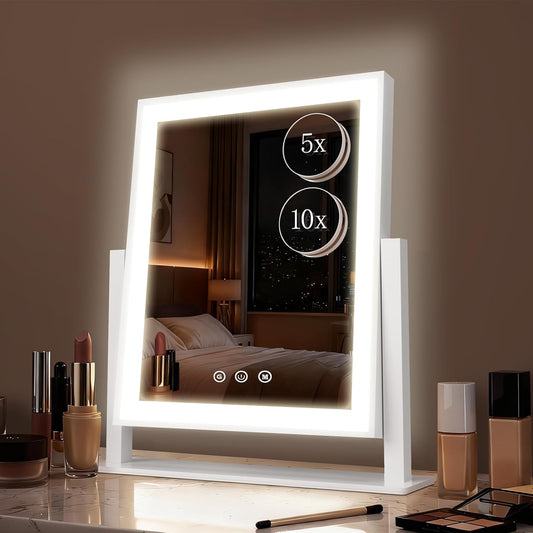 DECADENCE Makeup Mirror, 14’’ LED Vanity Mirror with Lights Detachable 10X/5X Magnification, 3 Color Lighting Modes,Smart Touch Control,360°Rotation Tabletop Make Up Mirror for Bedroom Bathroom