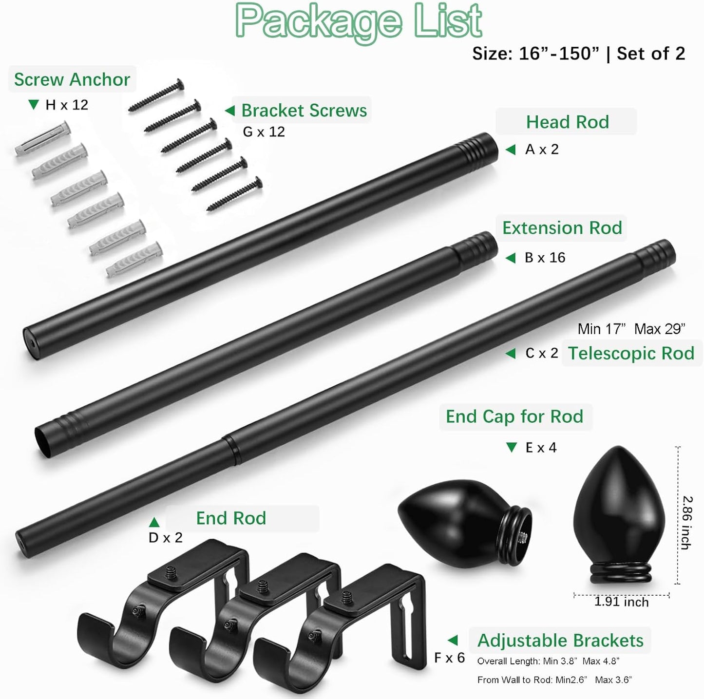 Curtain Rods for Windows 16 to 150 inches, Curtain Rod Max Adjustable Length to 158 in, Drapery Rod 1 inch Diameter with Modern Knobs Finials (Black, 16" to 150" - Set of 2)