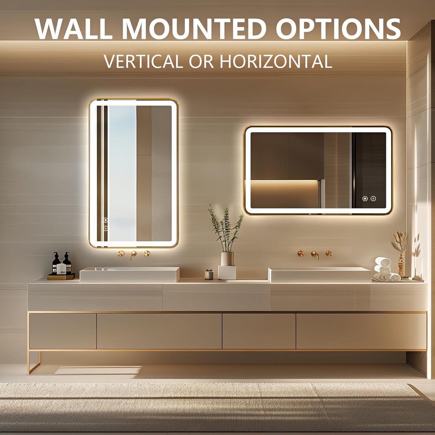 40"x24" Lighted Vanity Mirror with Lights, Gold Metal Frame Led Mirror for Bathroom, Anti-Fog Wall Mirror with Front and Backlit, Shatterproof, 3 Colors Stepless Dimmable, Horizontal/Vertical