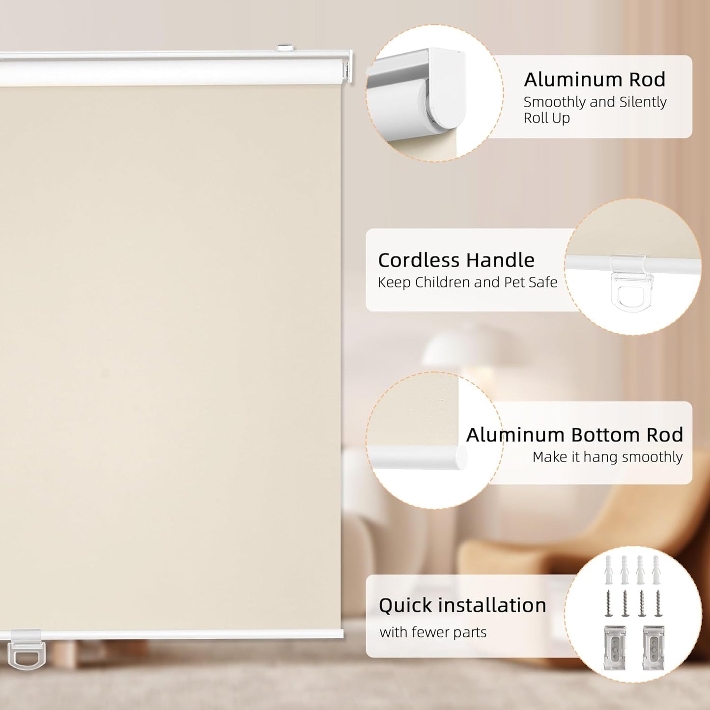 ChrisDowa Cordless Blackout Roller Shades for Windows, Thermal Insulated UV Protection Pull Down Shades, Total Blackout Window Blinds for Home, Office, Bedroom, Door (37" W x 72" H, Beige)