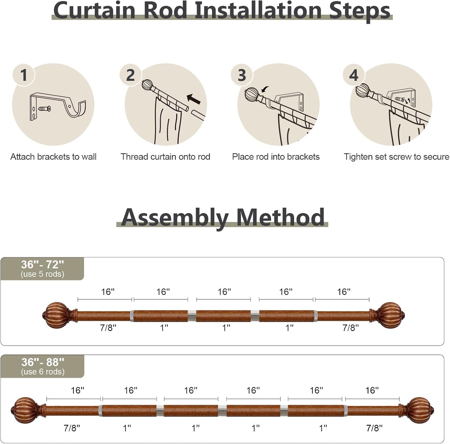 Dark Brown Wood Curtain Rods for Windows 48 to 84 Inch, 1'' Adjustable Heavy Duty Curtain Rod，Vintage Imitation Wood Decorative Drapery Rods with Pumpkin Finials for Bedroom Living Room