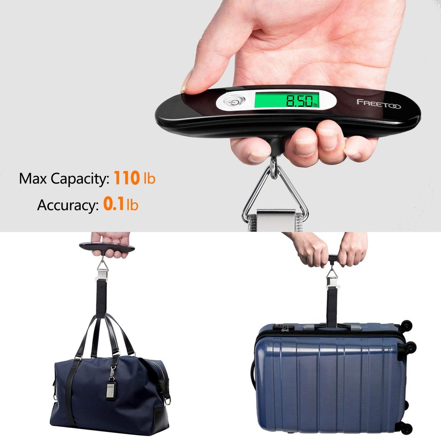 FREETOO Luggage Scale Portable Digital Hanging Scale for Travel, Suitcase Weight Scale with Superior Piano Lacquer 110 Lb/ 50Kg Capacity, Battery Included