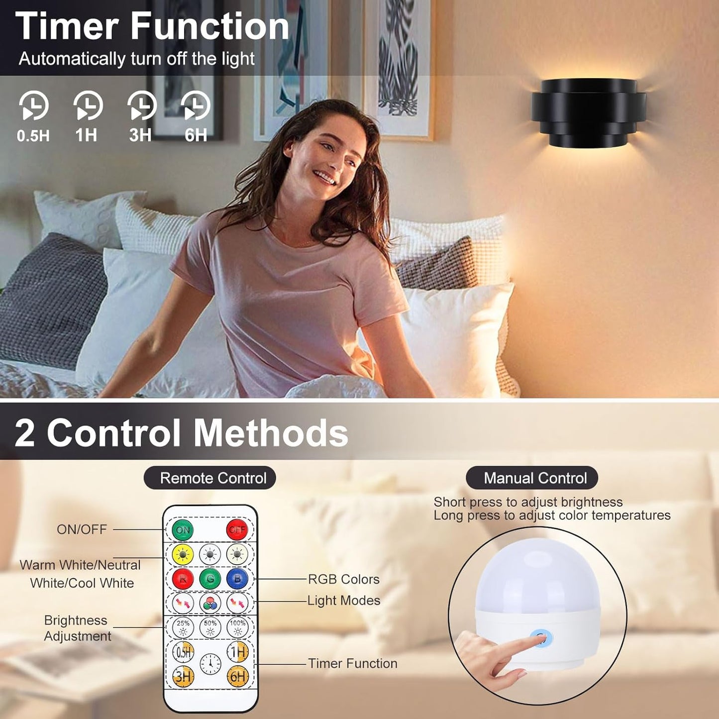 Lightess Rechargeable Wall Sconces with Remote Control, Cordless Wall Light Battery Operated Dimmable, Black Light Fixture for Living Room Bedroom, 16 RGB Colors, Bulb Included