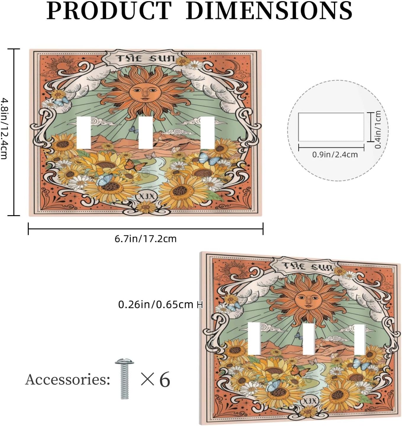 Boho Retro Sun Sunflower Vintage Flower Butterfly Decorative Switch Plates 3 Gang Wall Plate Triple Toggle Light Switch Cover Faceplate Electrical Wall Panels for Farmhouse Home Decor