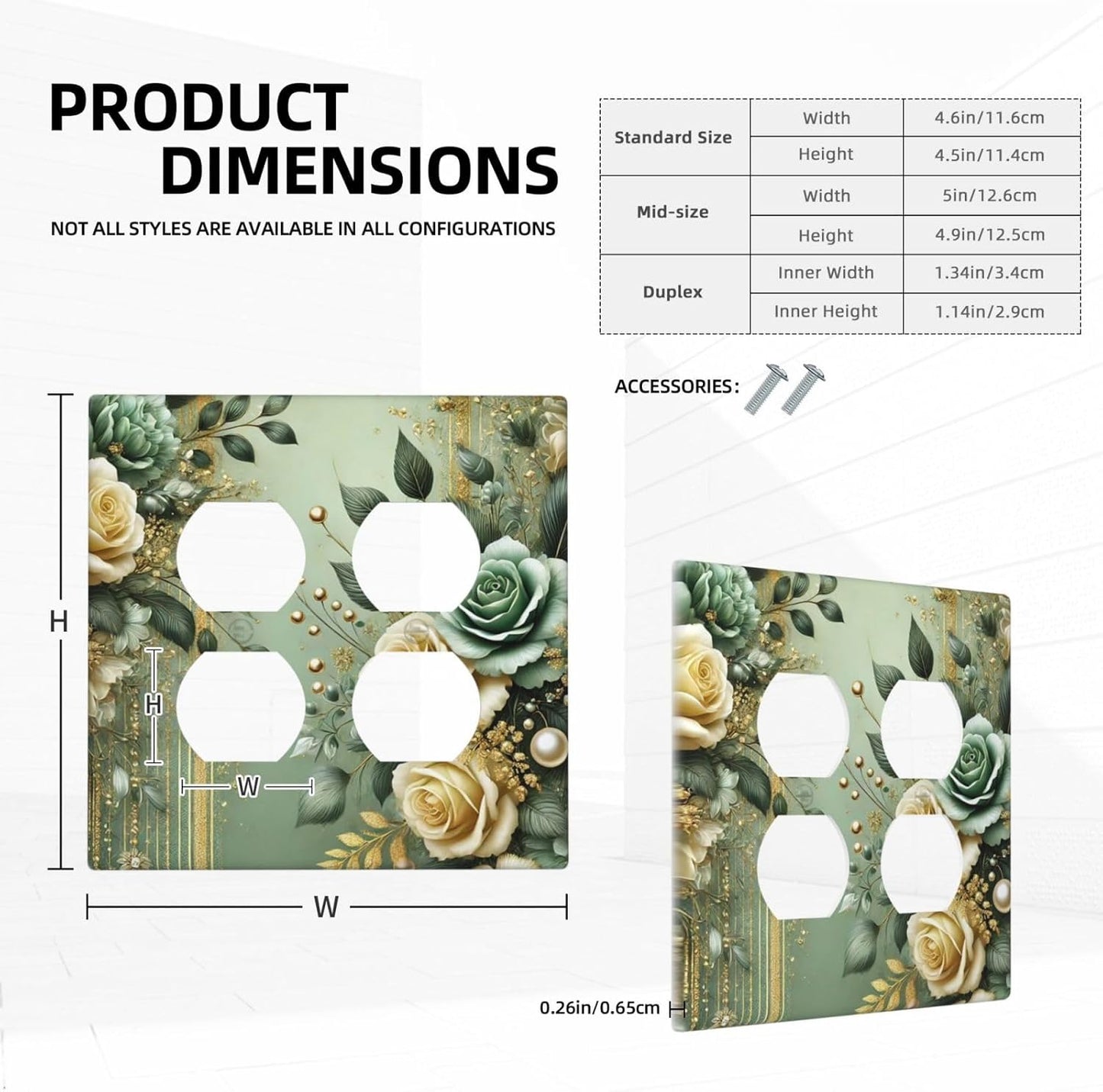 Decorative Outlet Covers Rustic Green Floral Leaves Teal Flowers Gold Stripe 2 Gang Wall Plate Cover Double Duplex Receptacle Two Switch Light Switch Cover Plate Faceplate