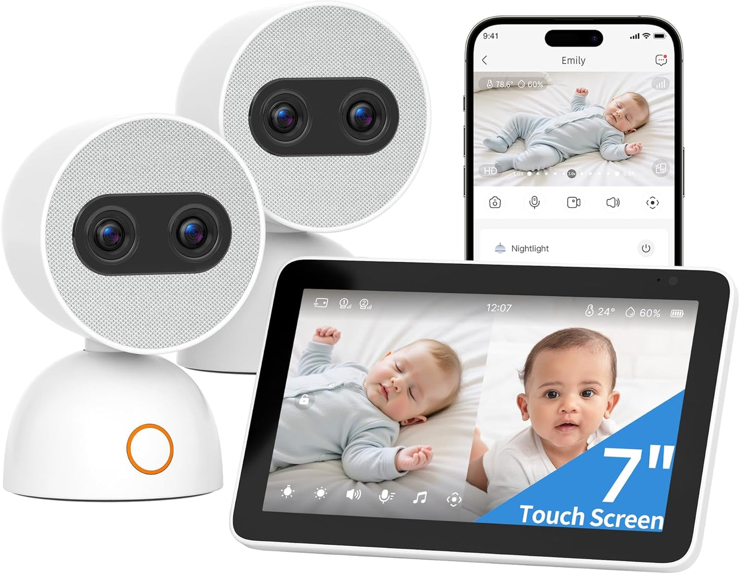 Simsky Split Screen Video Baby Monitor with Cameras, Dual 4MP Cameras with 6X Zoom, 7" UHD Touch Screen Portable Audio Baby Monitor 32GB Local Storage
