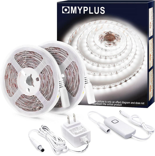 MYPLUS 32.8 FT White Strip Lights, Dimmable LED Tape Light 6500K Bright Daylight White, Flexible Under Cabinet Lights with 600 LEDs and UL Listed Safety Power Supply for Room,Kitchen and décor