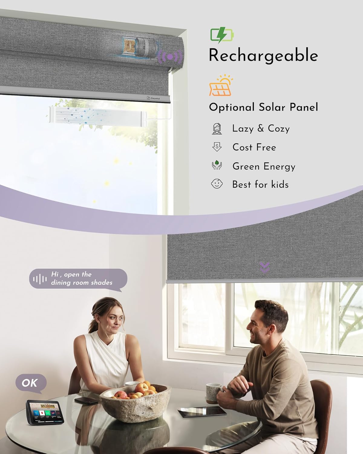 Graywind Smart Blackout Roller Shades Compatible with Alexa Google Textured Fabric Rechargeable Motorized Blinds Cordless Remote Control Window Shades, Custom Size (Weaving Cloud)