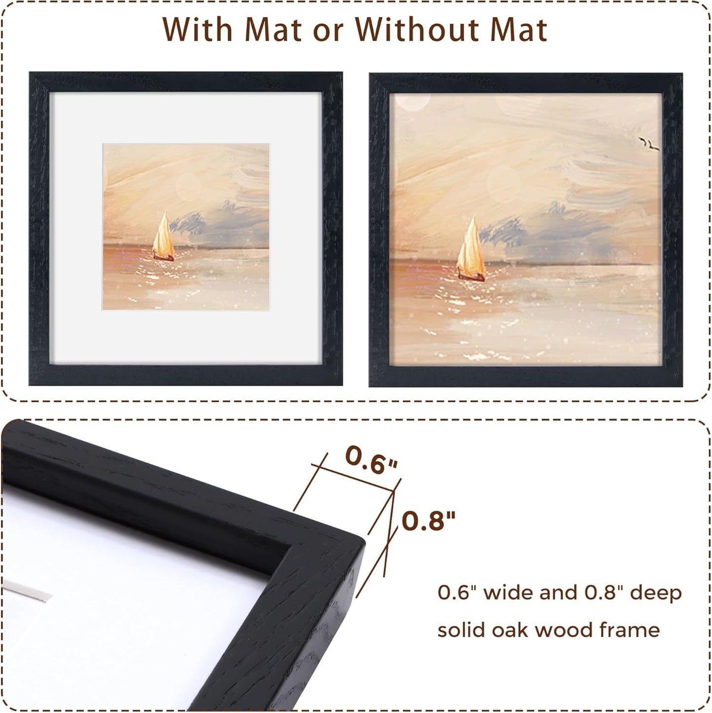 Fun Memories 8x8 Oak Wood Picture Frame in Black, 8"x8" Photo Frame for Wall, Square Frames 8x8 with Stand for Tabletop Display, Real Tempered Glass, 8 x 8 Picture Frames (Black Color, 1 Pack)