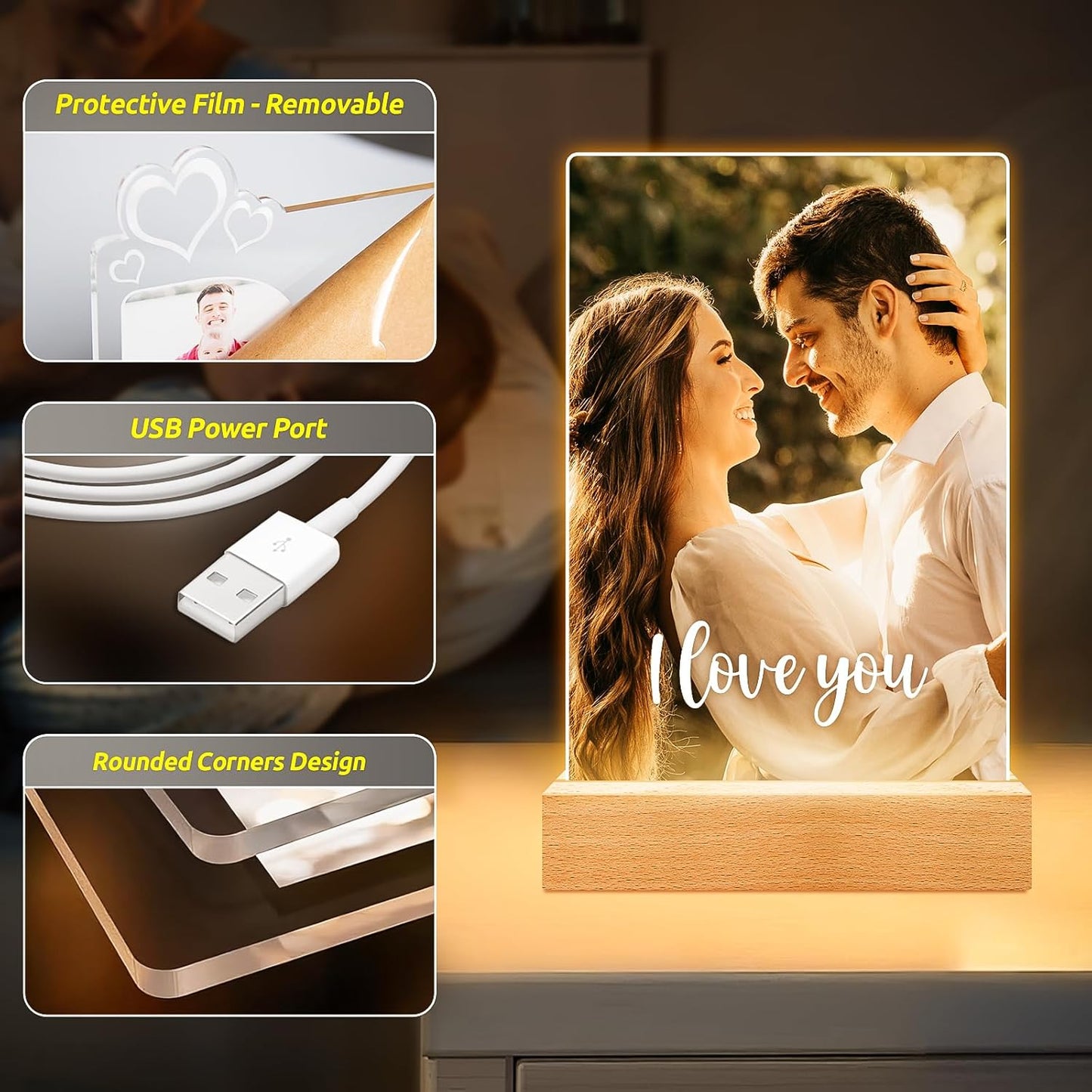 Custom Picture Frames with Photo, Personalized Photo Frame with Night Light, Customized Picture Frame, Personalized Anniversary Valentines Day Gifts for Women Men Girlfriend Boyfriend Her Him