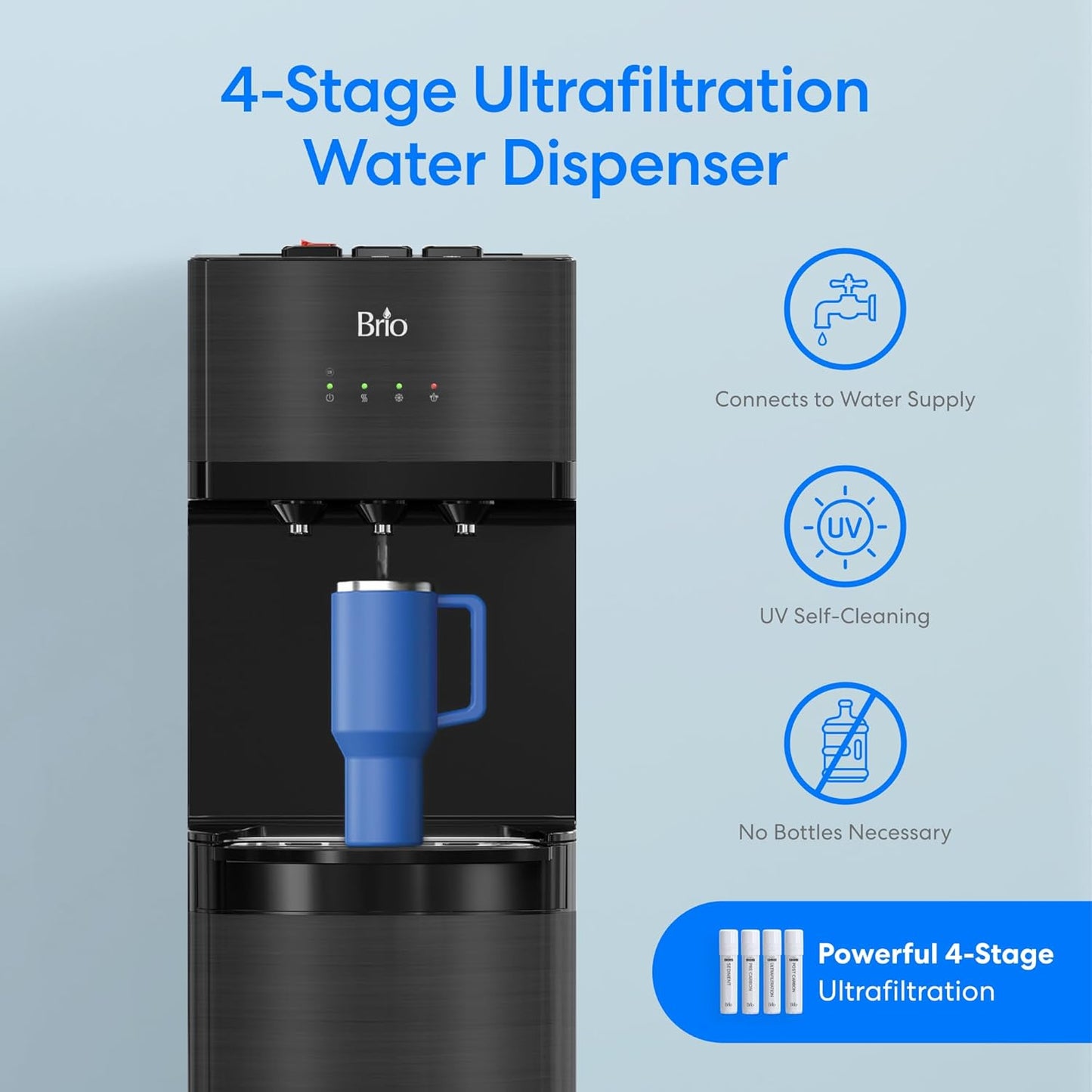 Brio Bottleless Water Cooler Dispenser w/ 4-Stage Filters (Included) removes PFAS & Microplastics for Clean Drinking Water, NSF Certified | 3 Temp (Hot, Room, Cold) w/Child Safety Lock & LED Display