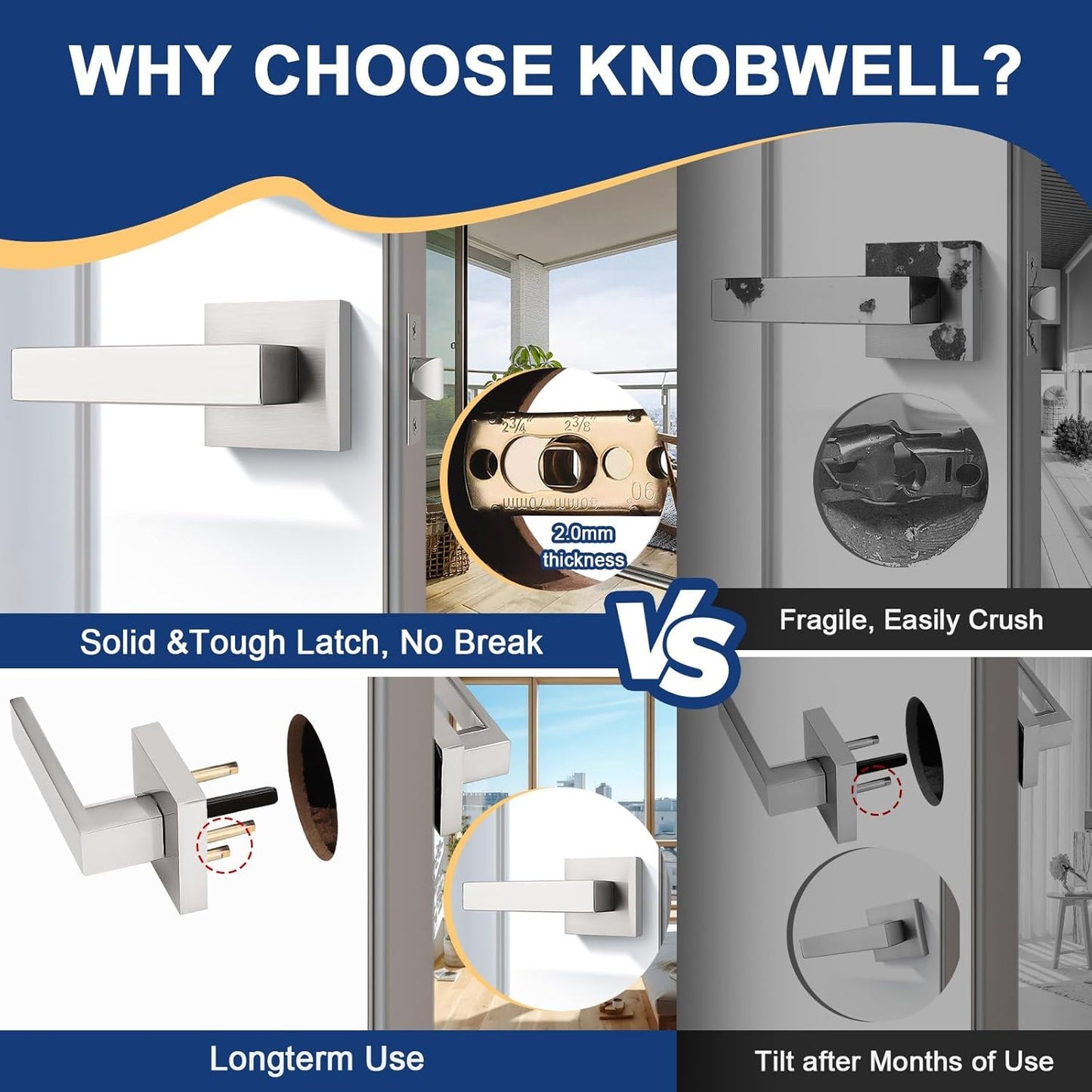 KNOBWELL 8 Pack Passage Door Knob Interior, Brushed Nickel Hallway Closet Door Handle Commercial Square Door Knob with Lever(No Lock)