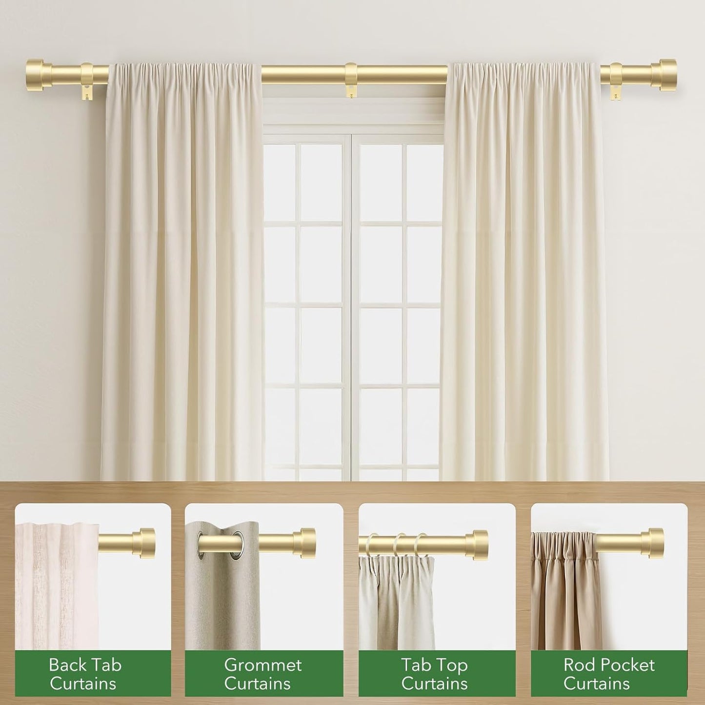 Curtain Rods for Windows 32 to 240, 1 Inch Adjustable Gold Heavy Duty Long Window Curtain Rod, Modern Outdoor Drapery Rods with Simple End Caps, Size 32"-240"