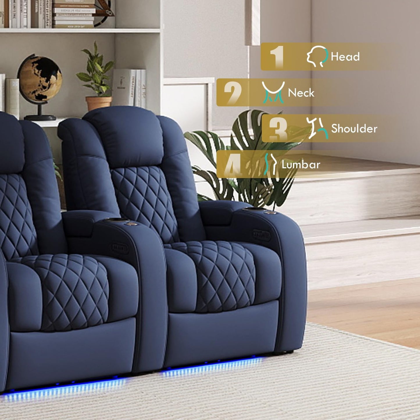 Weilianda Home Theater Seating Top Grain Leather Zero Gravity Recliner Chair Power Headrest Recline Movie Seat Gaming 7 Colors Mood Light Sofa with Tray Table USB Charge Row of 5 Loveseat Left Blue